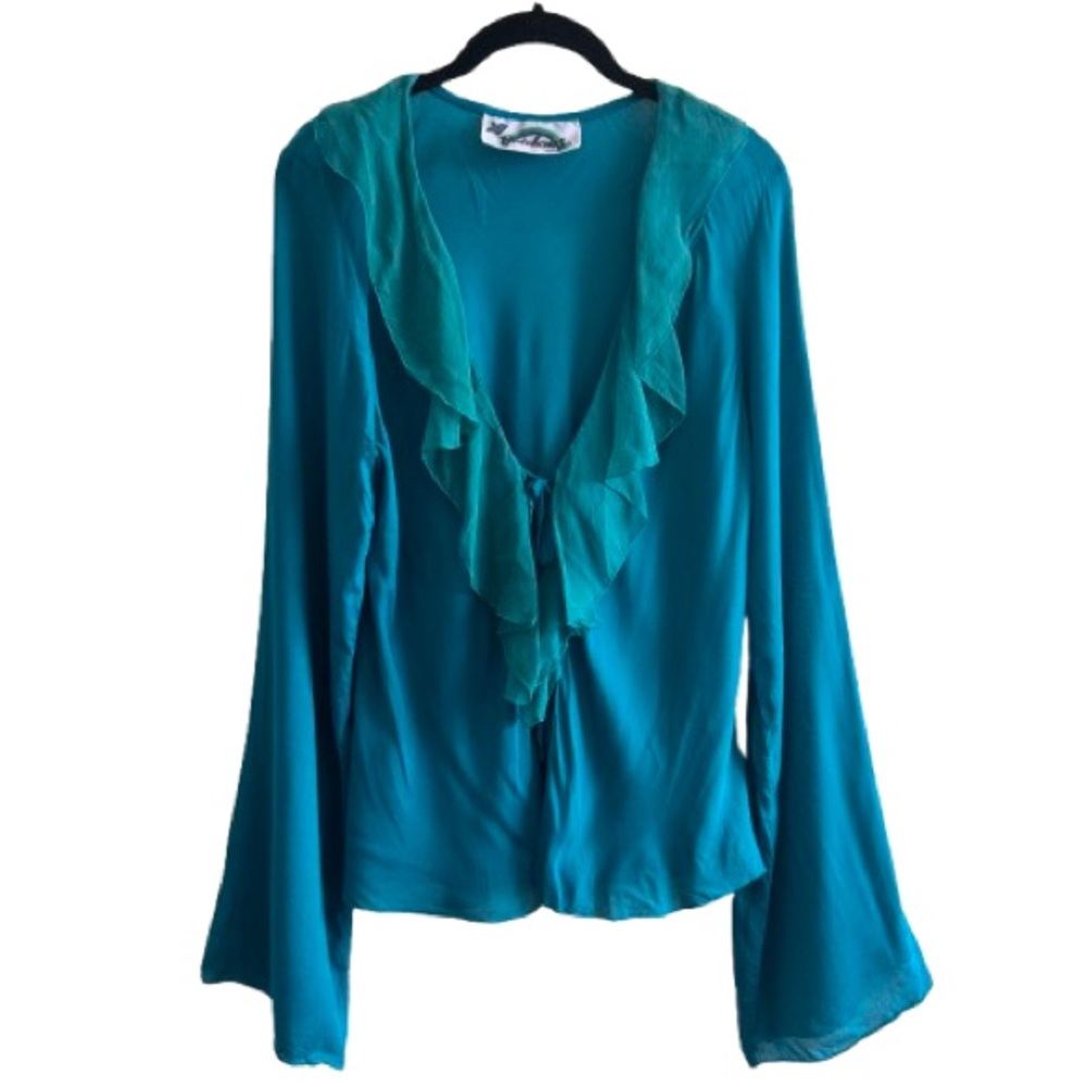Rainbow Jo Blue Open Front Rayon Silk Bell Sleeve Blouse Ruffle Collar Boho
